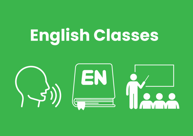 The image has a bright green background. White text spells 'English Classes'. Three white icons are below the text. From left to right, a person's head speaking, a book with 'EN' on the front of it, and a person teaching a group of three people.