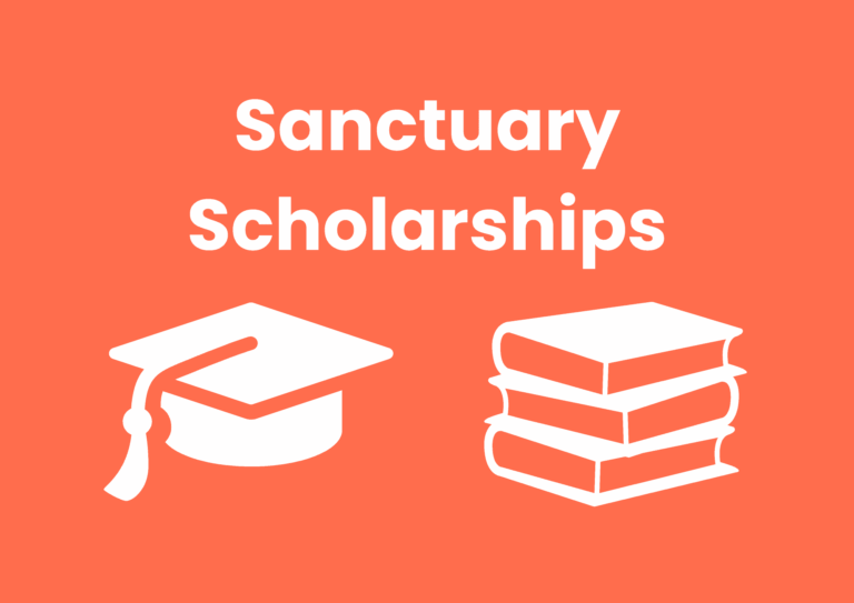 An orange background. White text spells 'Sanctuary Scholarships'. Below the text are two white icons, on the left there is a graduation cap, on the right there are three books stacked on top of each other.