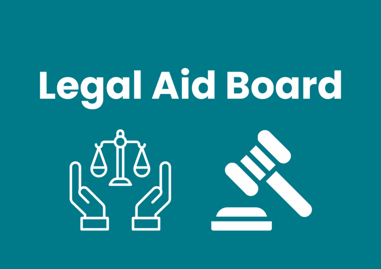 The image has a teal background. White text spells 'Legal Aid Board'. Below the text are two white icons symbolising justice, on the left, justice scales held up by a pair of hands, and on the right, a gavel.