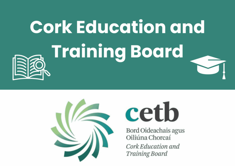 The image is split horizontally in half. The top half has a teal green background. In white text, it says 'Cork Education and Training Board'. Slightly below the text at either side are two icons, both in white. On the left, there is an open book with a magnifying glass. On the right, a graduation cap. The lower half of the image has a white background, with the CETB logo.
