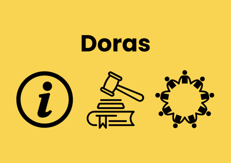 The image has a rich yellow background. Black text spells 'Doras'. Below the text are three black icons. From left to right, an 'i' in a circle to symbolise information, a gavel above books, and a circle of people.