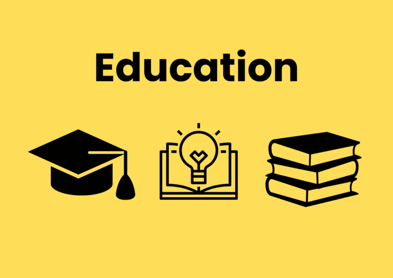 The image has a rich yellow background. Black text spells 'Education'. Below the text, are three large icons, all in black. From left to right, there is a graduation cap, an open book with a lightbulb emerging from it, and a stack of three books.