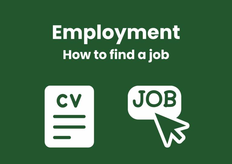 The image has a dark green background. White text spells 'Employment' with the subline 'How to find a job'. Two white icons are below the text. On the left is a CV, on the right is the word 'job' with a cursor hovering over it.