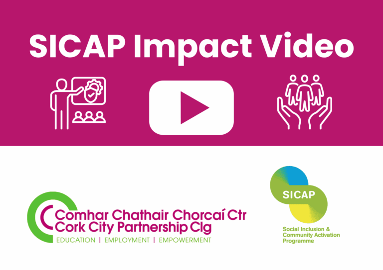 The image is split in half. The top half of the image has a dark pink background. White text spells 'SICAP Impact Video'. Below the text are three white icons. From left to right there is an icon of a person teaching a course to a group of people, a video player symbol, and a pair of hands holding up three people. The bottom half of the image has a white background with the Cork City Partnership logo on the left and the SICAP logo on the right.