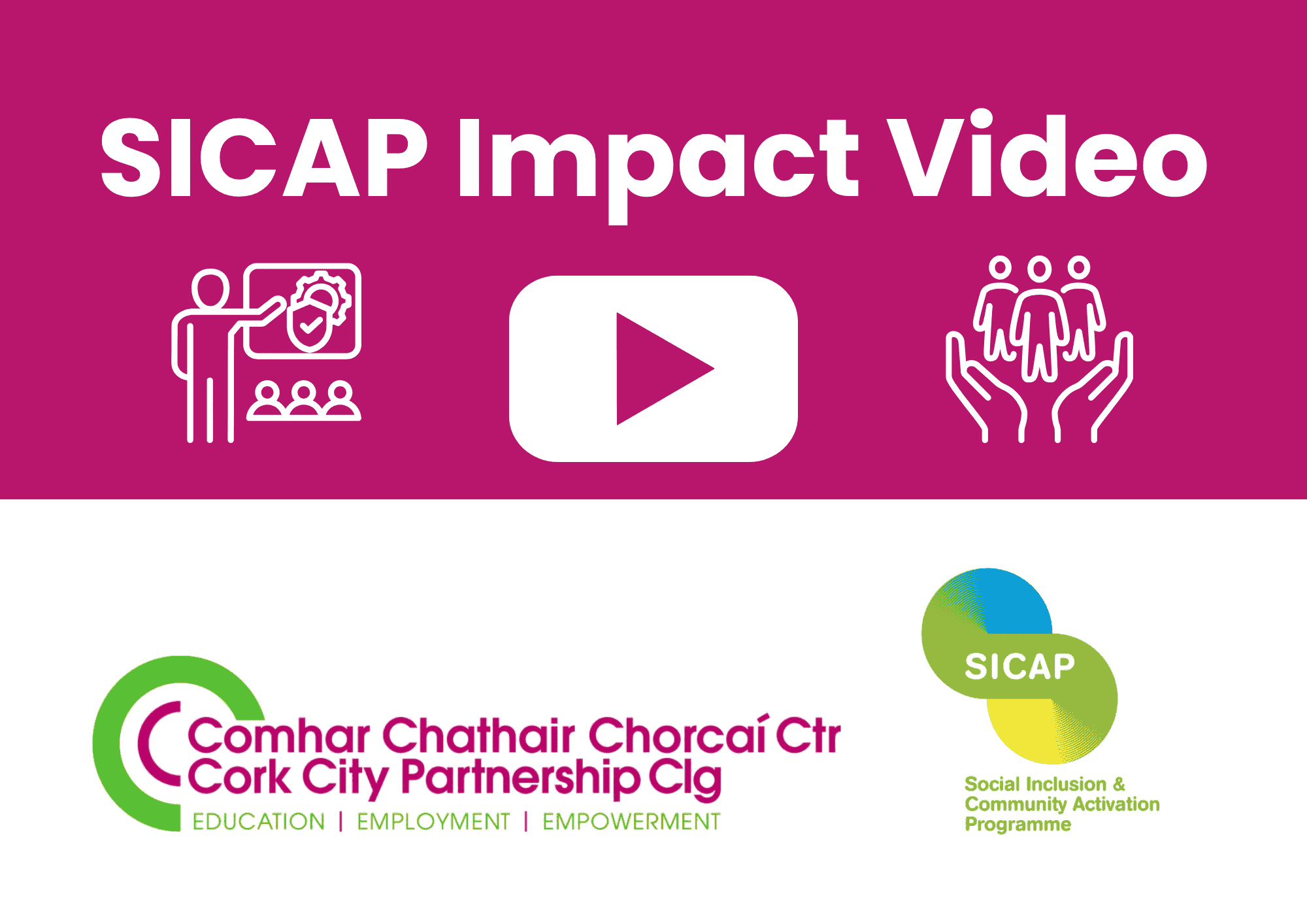 The image is split in half. The top half of the image has a dark pink background. White text spells 'SICAP Impact Video'. Below the text are three white icons. From left to right there is an icon of a person teaching a course to a group of people, a video player symbol, and a pair of hands holding up three people. The bottom half of the image has a white background with the Cork City Partnership logo on the left and the SICAP logo on the right.