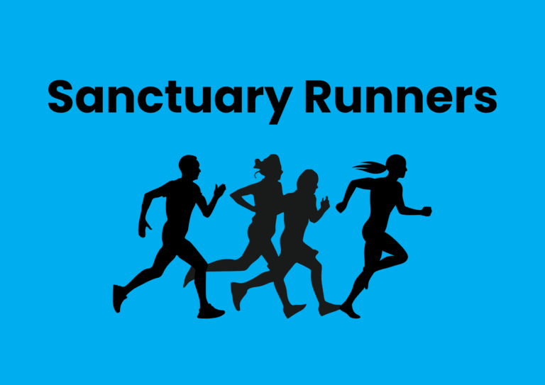 The image has a vibrant blue background. Black text spells 'Sanctuary Runners'. Below are the black outlines of four people running.