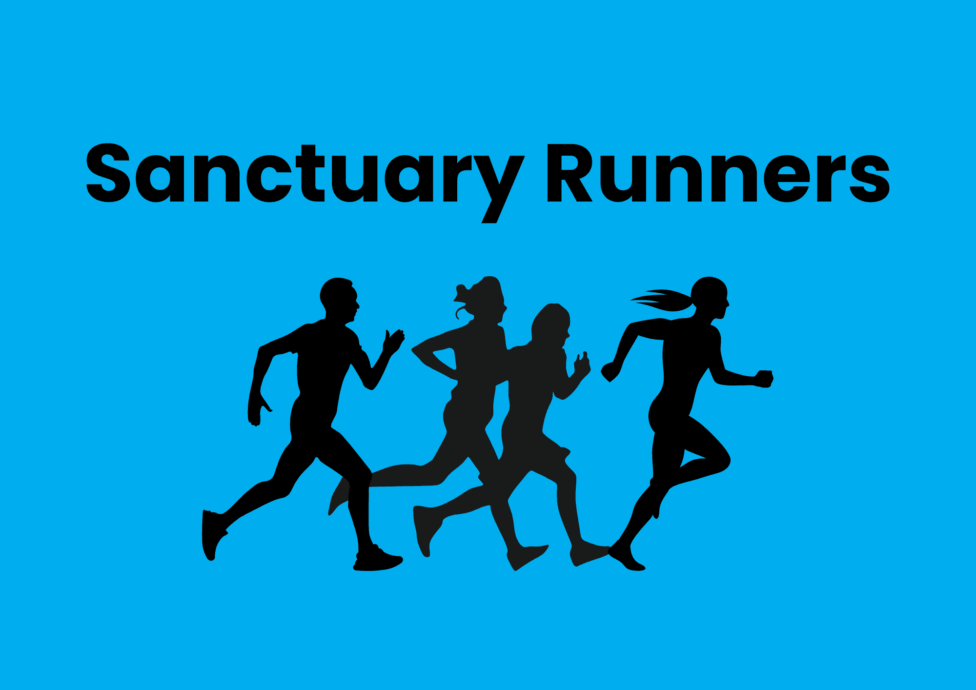 The image has a vibrant blue background. Black text spells 'Sanctuary Runners'. Below are the black outlines of four people running.