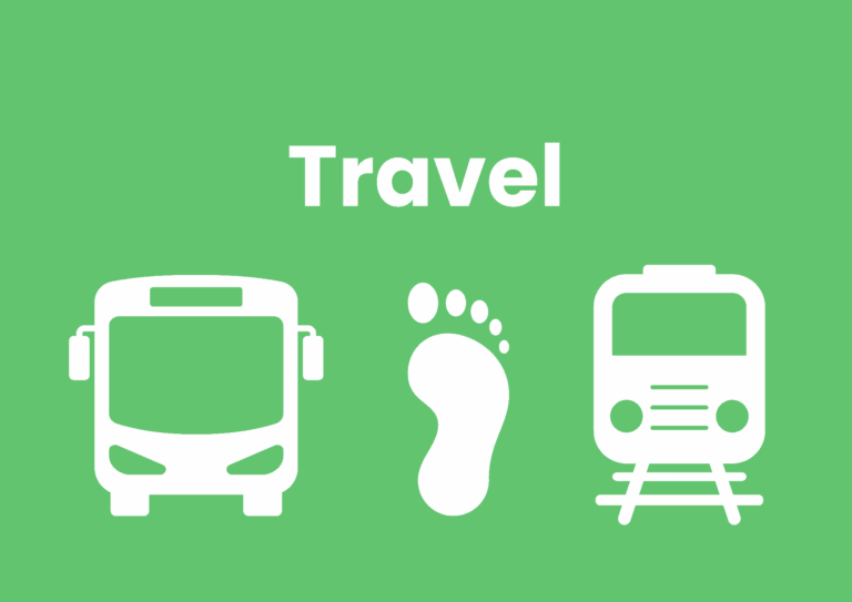 The image has a bright green background. White text spells 'Travel'. Below the text are three white icons. From left to right there is a bus, a foot, and a train on tracks.
